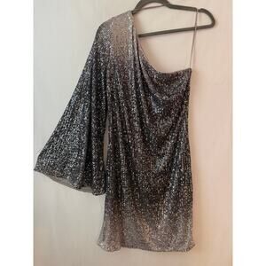 GUESS Sequin One Shoulder Samantha Party Dress Holiday NYE Sparkle Silver L NWT